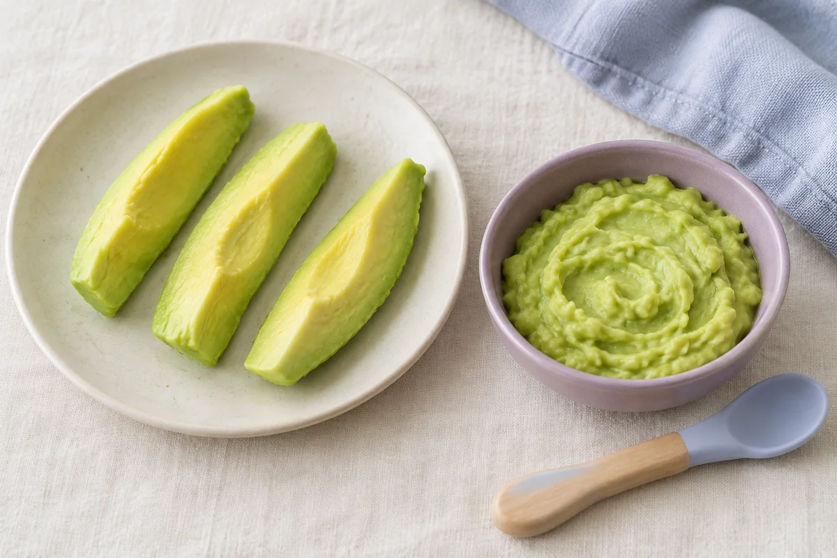 Fully peeled avocado spears and mashed avocado beside a baby spoon. AI-generated illustration.