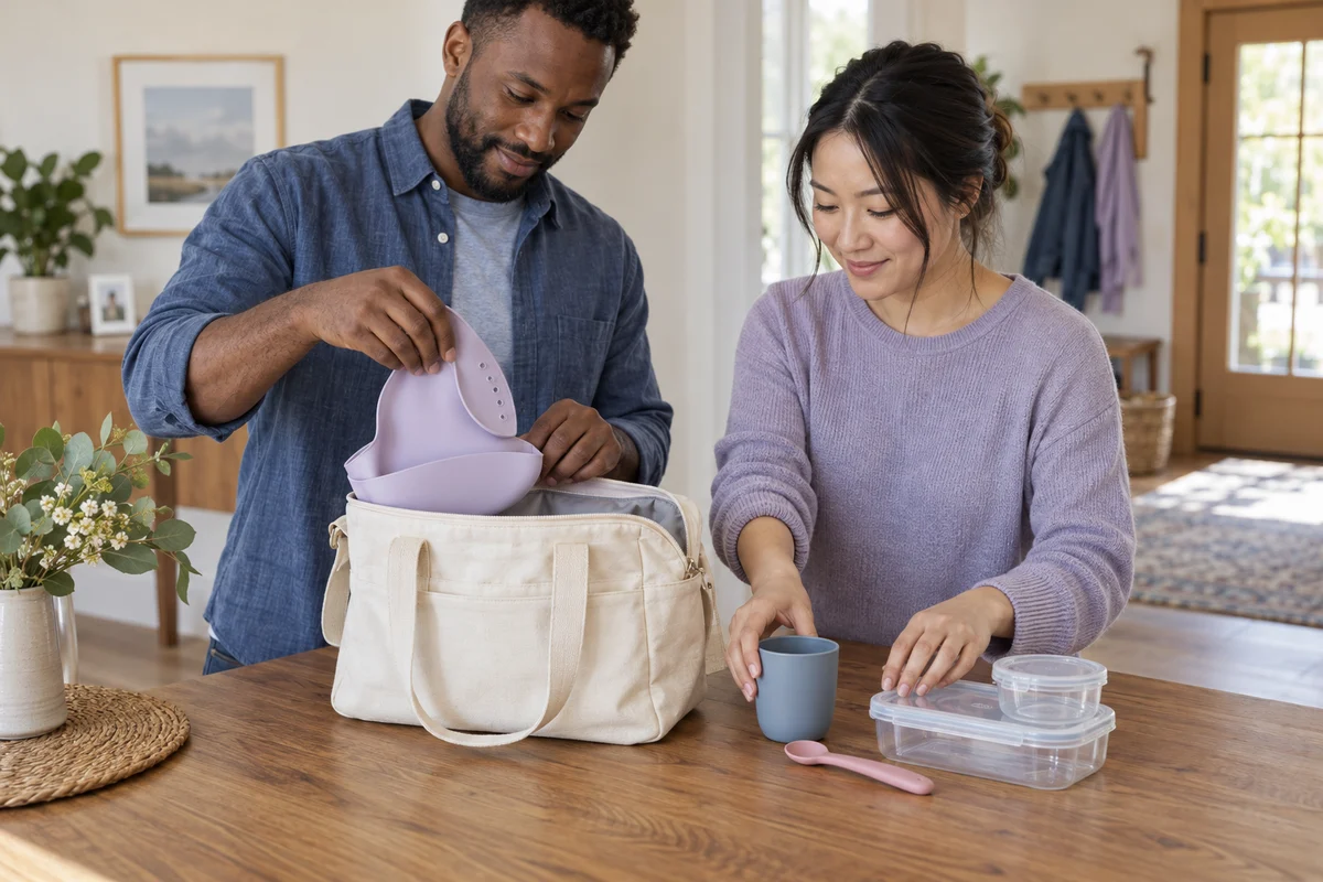 Two parents packing empty containers, a cup, bib and spoon for an outing. AI-generated illustration.