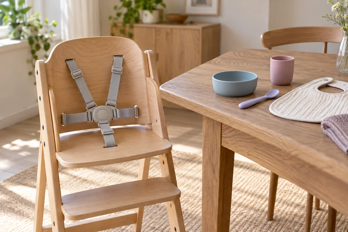 Empty high chair with a five-point harness beside a bowl, open cup, spoon and bib. AI-generated illustration.