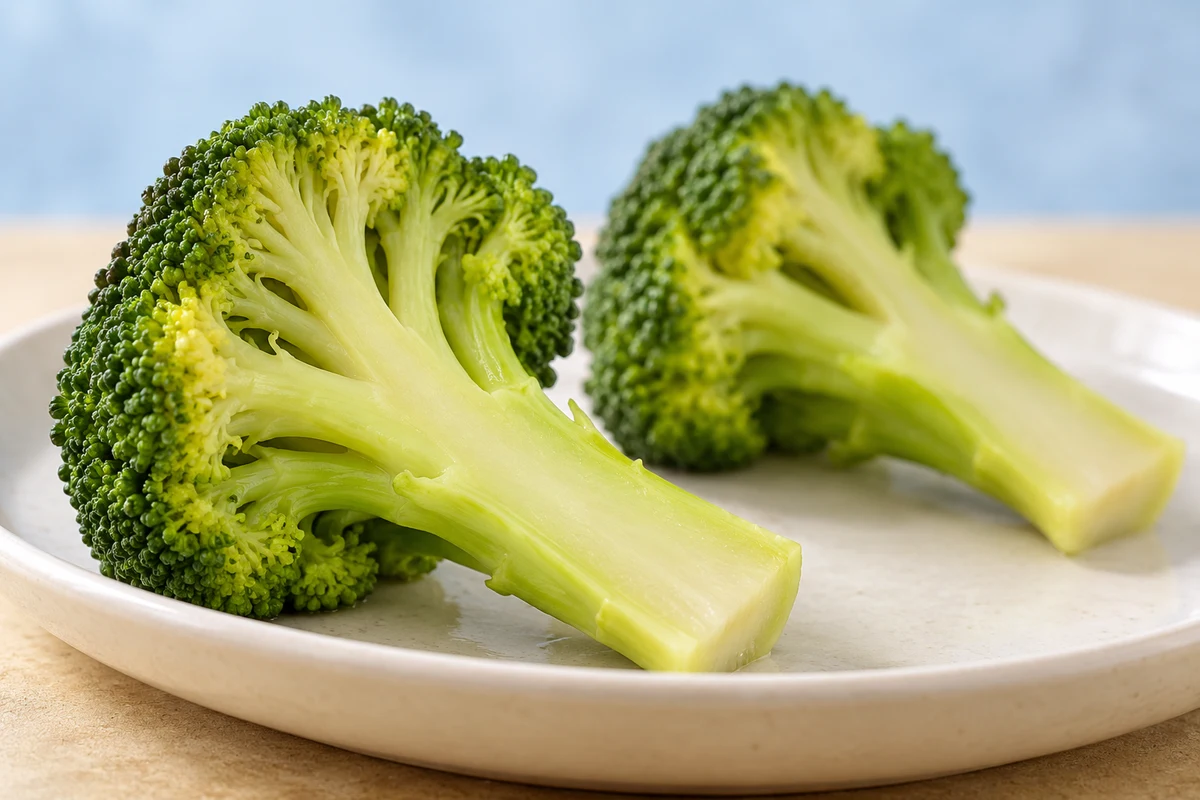AI illustration: two large cooked broccoli florets with long stems on pale ceramic, blue background