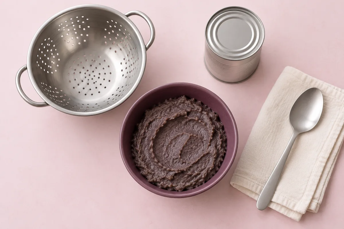 AI illustration: black bean purรฉe in a plum bowl, empty colander, blank can, spoon