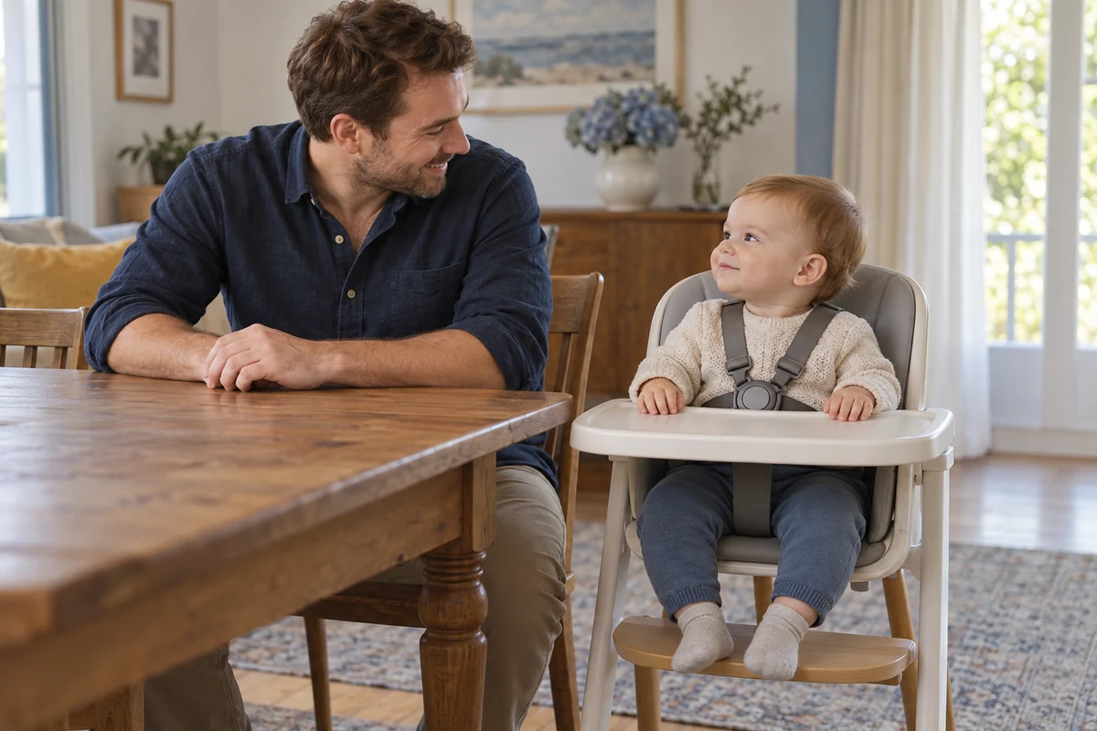 Baby sitting in a high chair beside an attentive parent. AI-generated illustration.