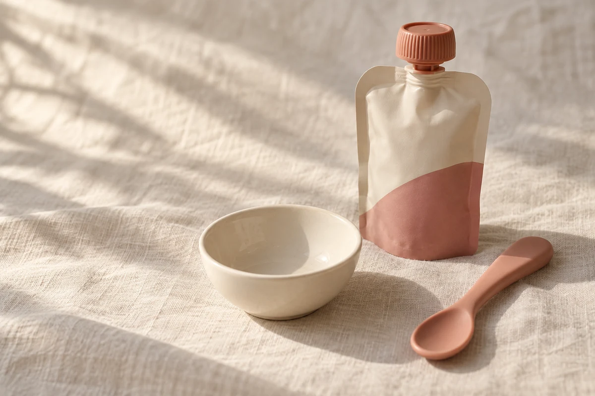 Closed generic baby-food pouch beside an empty bowl and spoon. AI-generated illustration.