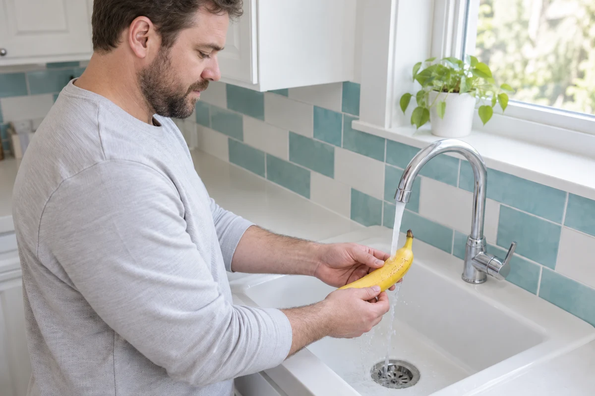 Unpeeled banana being rinsed. AI illustration.