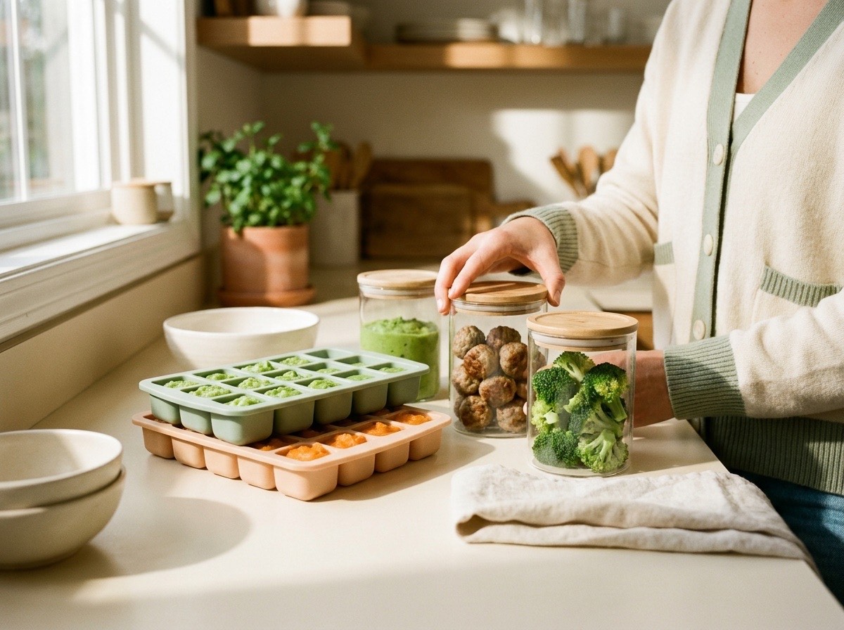 Baby food meal prep in freezer trays and containers
