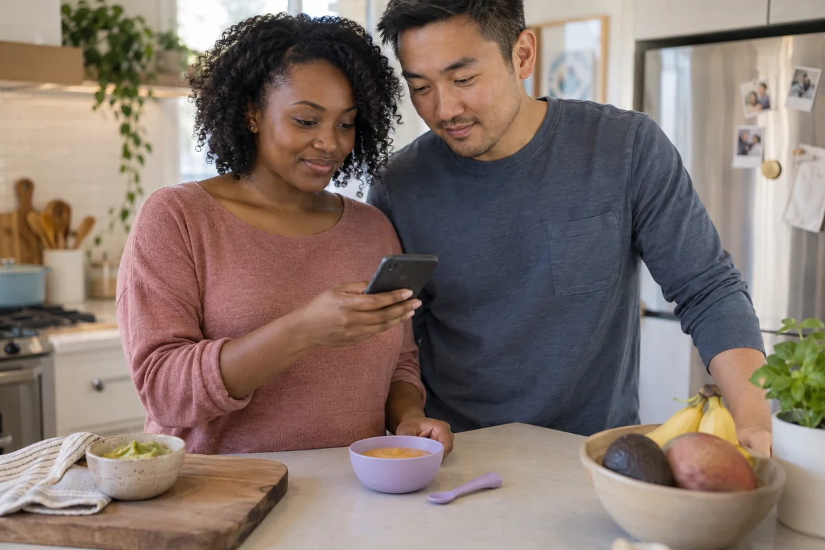 Two parents planning meals with a phone before mealtime. AI-generated illustration.