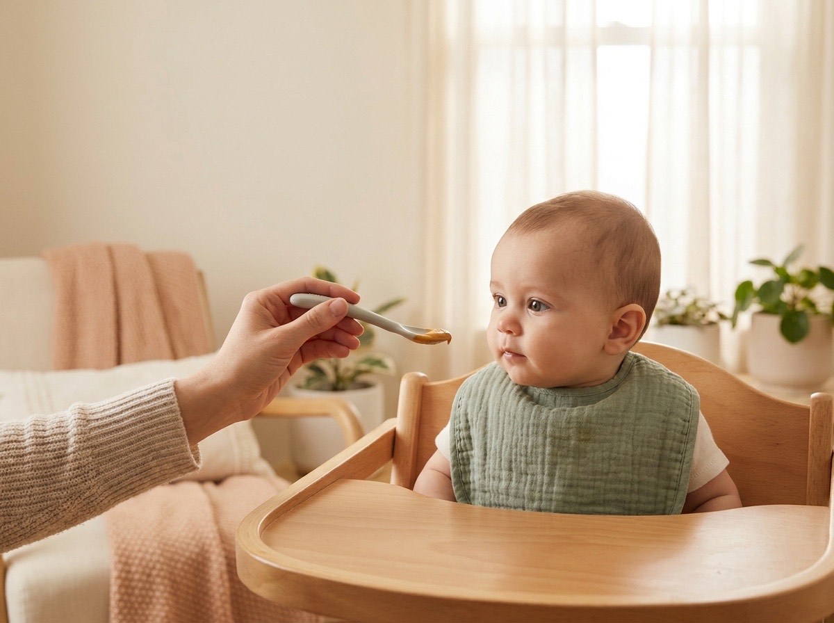 Parent offering baby a spoon with peanut butter