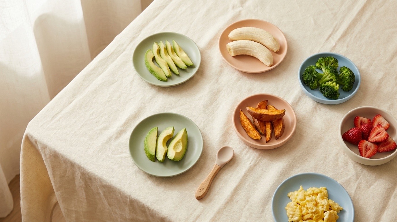 Baby-safe first foods arranged on pastel plates