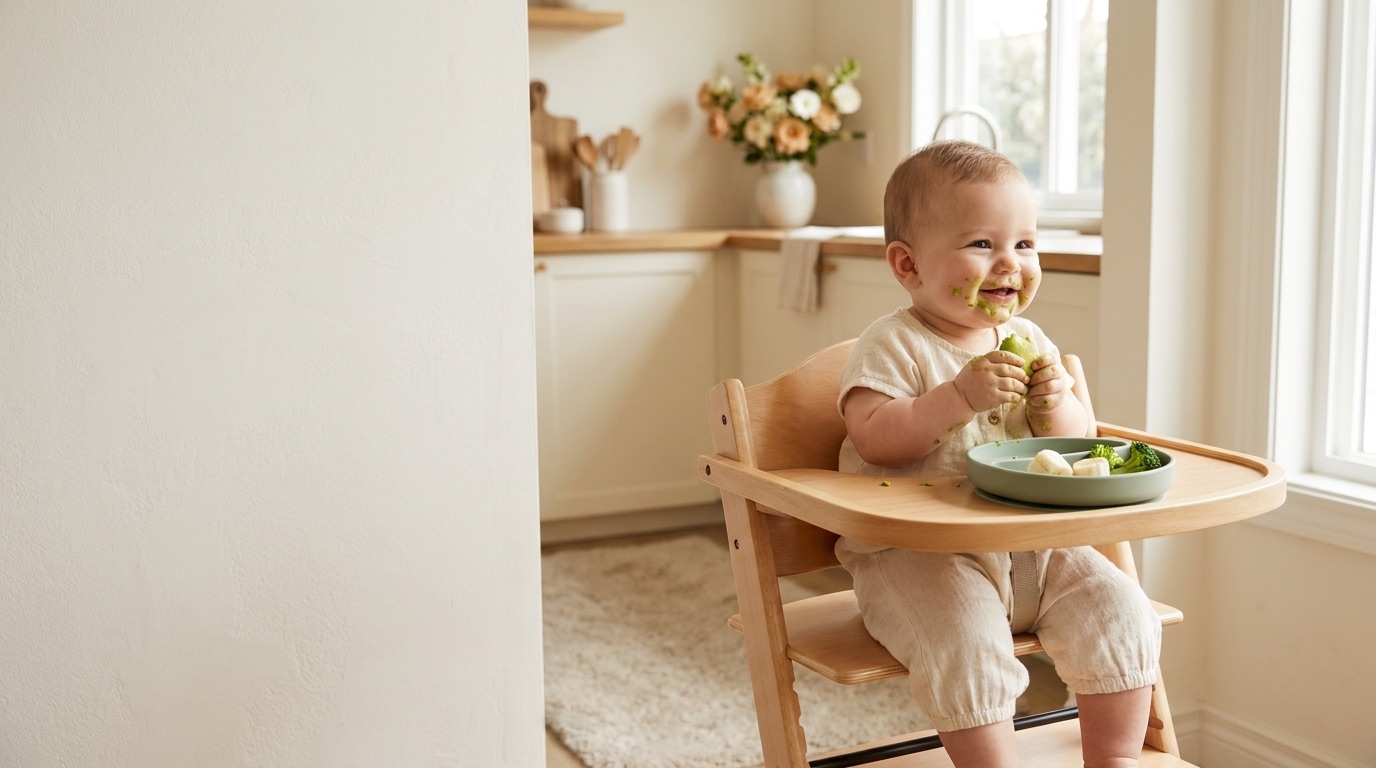Happy baby self-feeding soft foods in a high chair