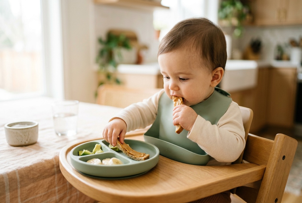 Baby in a high chair picking up a strip of peanut-butter toast from a divided plate
