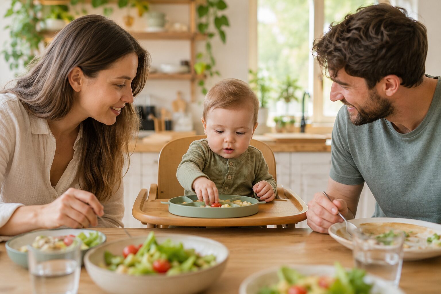 Parents sharing a meal with their baby at the family table
