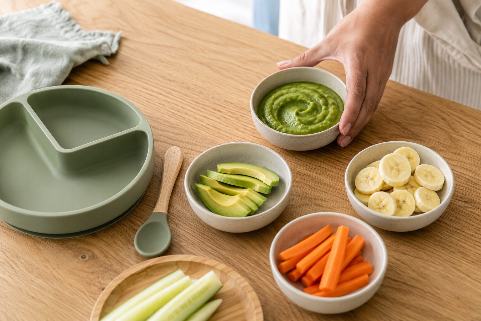 Bowls of baby food stages on a kitchen table, from purée to finger food