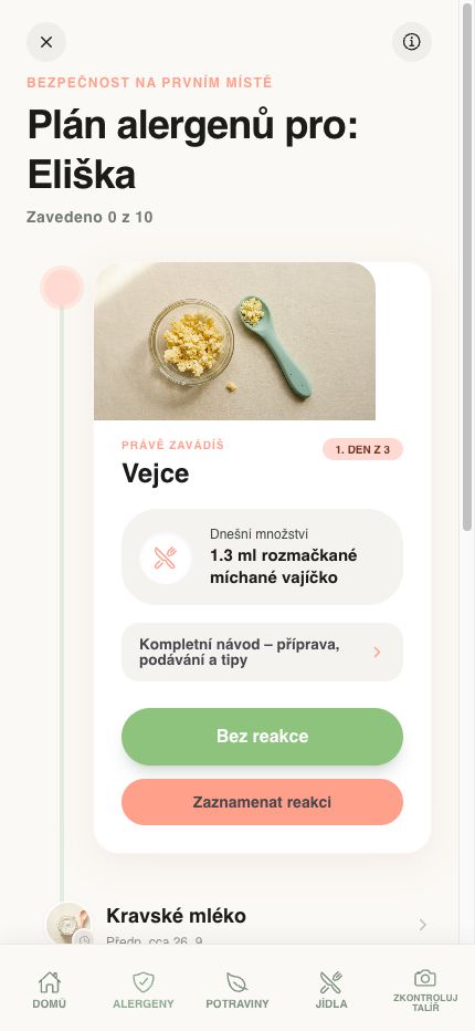 Obrazovka sledování alergenů v aplikaci Yummy Bites