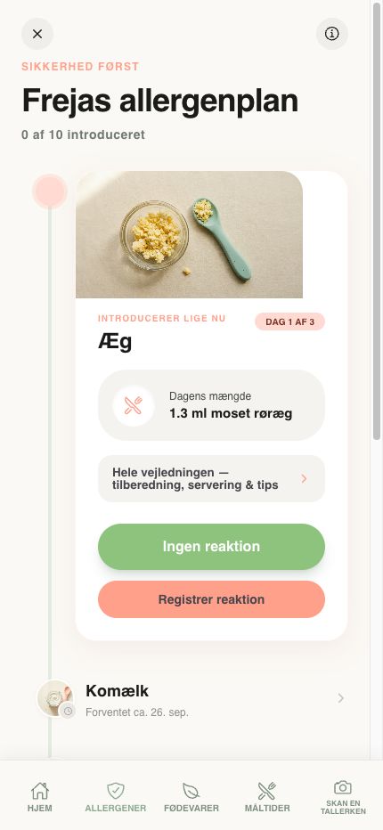 Allergen tracker-skærm i Yummy Bites-appen