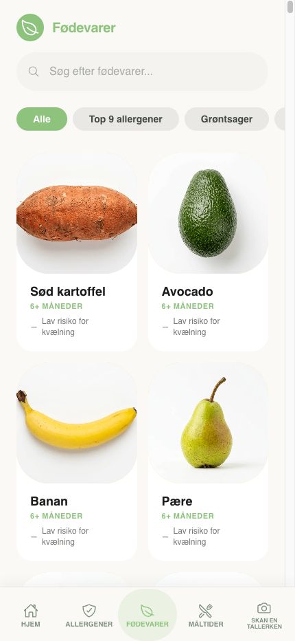 Skærmbillede af fødevarebiblioteket i Yummy Bites-appen