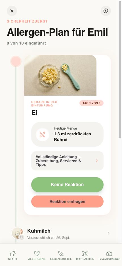 Allergen-Tracker-Bildschirm in der Yummy Bites App