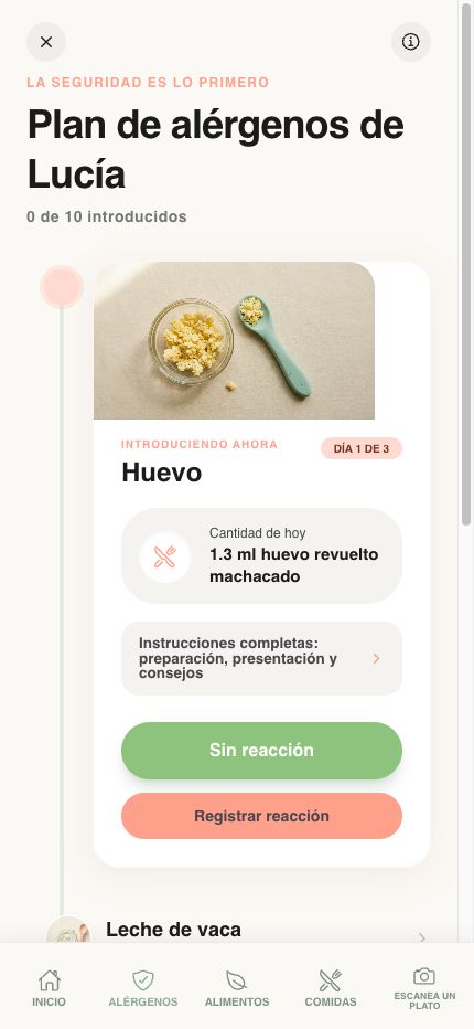 Pantalla de seguimiento de alérgenos en la app Yummy Bites