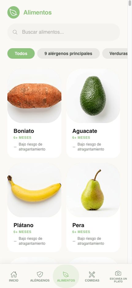 Pantalla de la biblioteca de alimentos en la app Yummy Bites