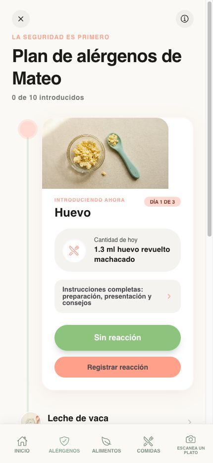 Pantalla de seguimiento de alérgenos en la app Yummy Bites