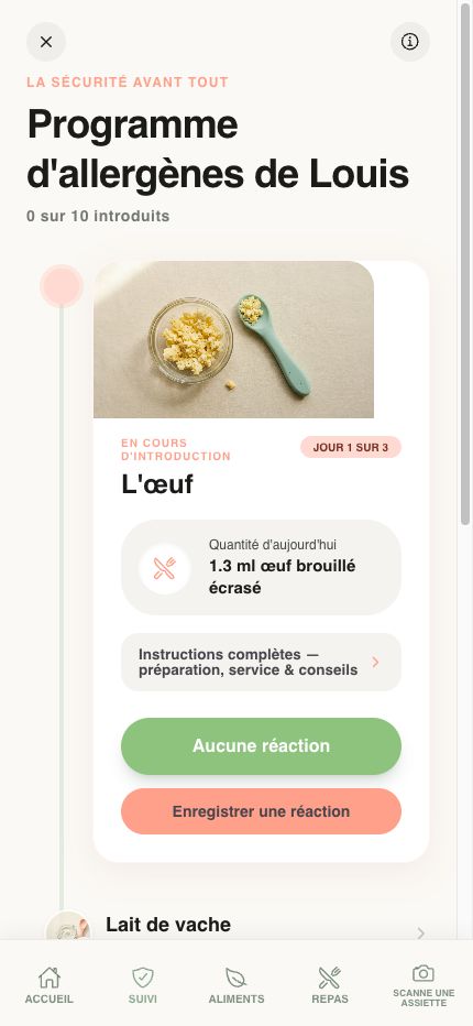 Écran de suivi des allergènes dans l'application Yummy Bites