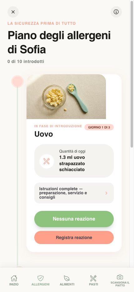 Schermata del tracker degli allergeni nell'app Yummy Bites