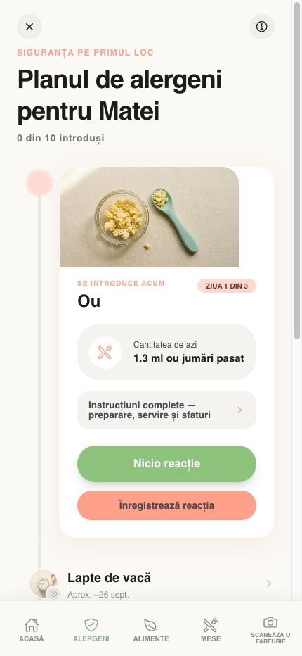 Ecranul de monitorizare a alergenilor în aplicația Yummy Bites