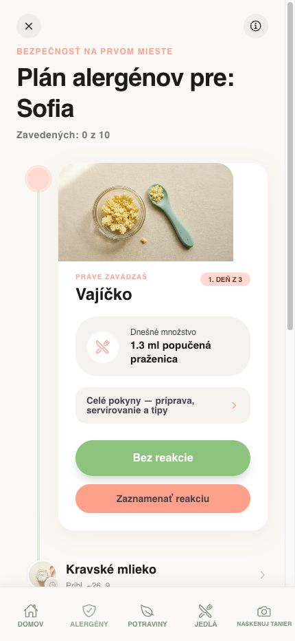Obrazovka sledovania alergénov v aplikácii Yummy Bites