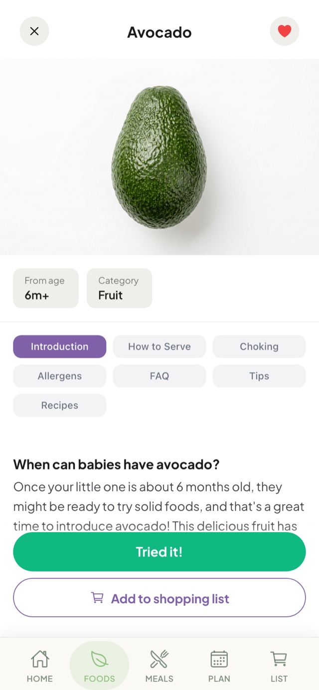 Avocado food detail screen in the Yummy Starts app