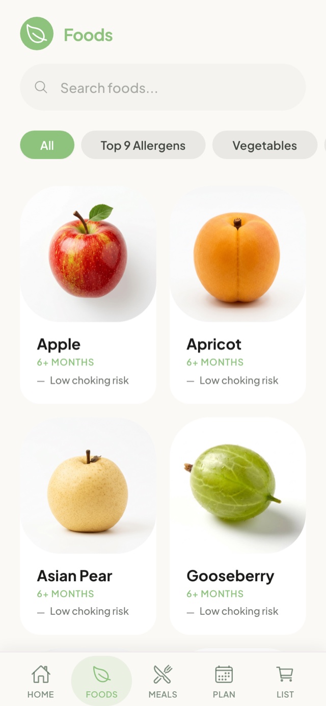 Foods library screen in the Yummy Starts app