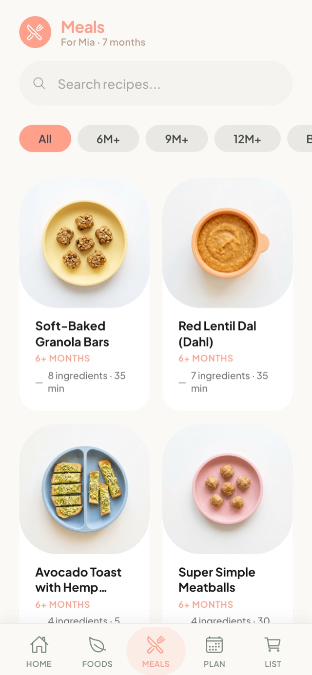 Recipes screen in the Yummy Starts app